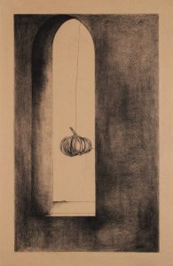 Naturaleza y Vida en Carboncillo. Obra de arte Original de Andrés Alfonso en carboncillo-ajos colgando de un hilo