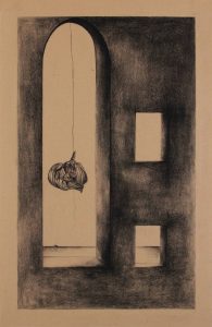 Naturaleza y Vida en Carboncillo. Obra de arte Original de Andrés Alfonso en carboncillo-ajos colgando de un hilo