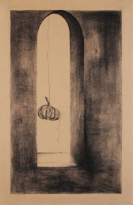 Naturaleza y Vida en Carboncillo. Obra de arte Original de Andrés Alfonso en carboncillo-ajo colgando de un hilo