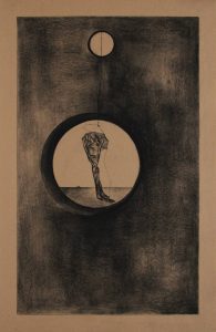 Naturaleza y Vida en Carboncillo. Obra de arte Original de Andrés Alfonso en carboncillo-pimiento colgando de un hilo