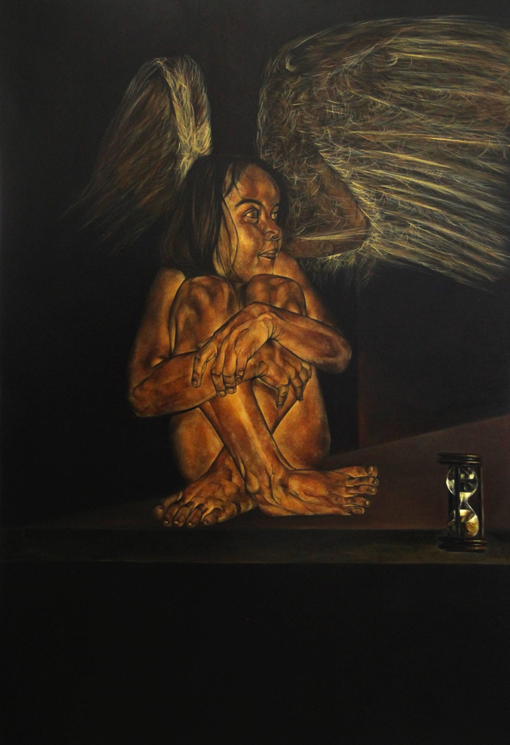 Letras atrapadas en la noche elemental. Obra de arte Original de Andrés Alfonso en óleo sobre tela-retrato de una niña con alas y un reloj de arena