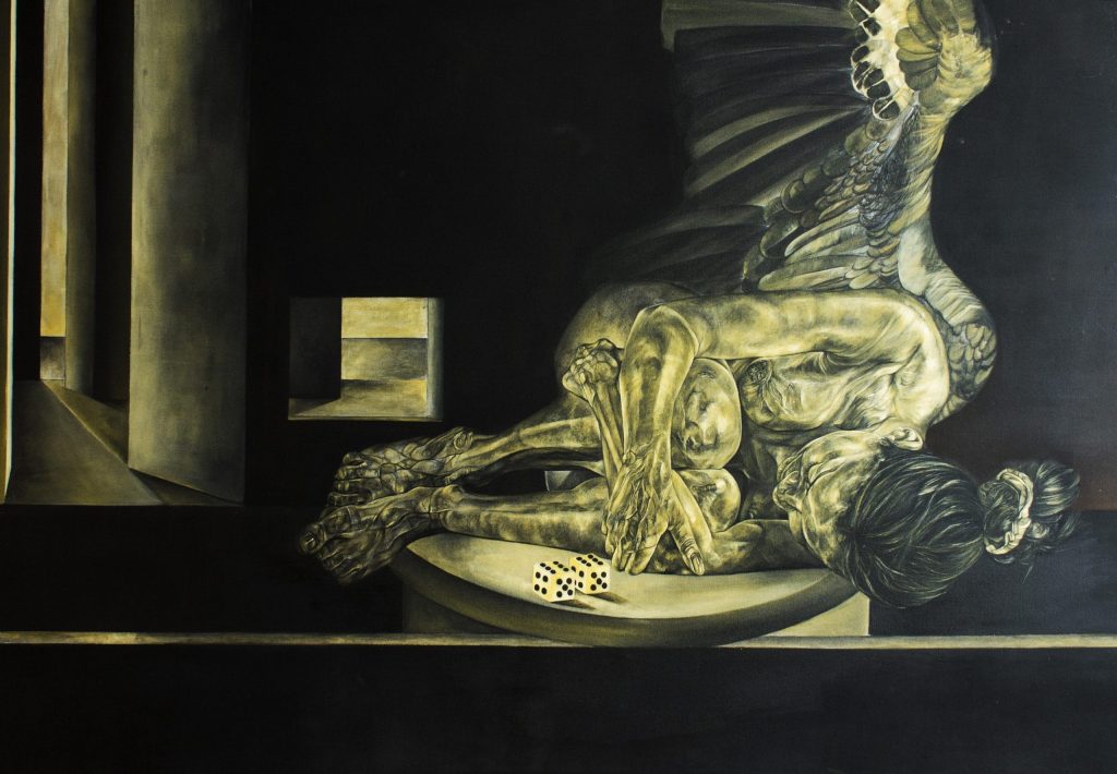 Óleos negro blanco y ocre. Obra de arte Original de Andrés Alfonso en óleo sobre tela-retrato de una mujer recostada en una mesa con dados