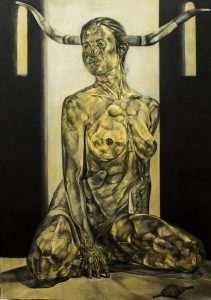 Óleos negro blanco y ocre. Obra de arte Original de Andrés Alfonso en óleo sobre tela-retrato de una mujer sentada en el suelo con cachos