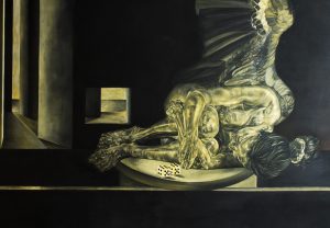 Óleos negro blanco y ocre. Obra de arte Original de Andrés Alfonso en óleo sobre tela-retrato de una mujer recostada en una mesa con dados