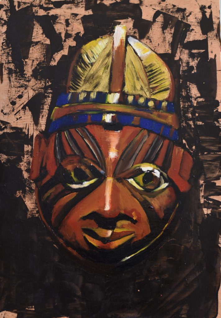Máscaras africanas y pinceladas enérgicas. Obra de arte Original de Andrés Alfonso en acrílico sobre madera-máscara africana