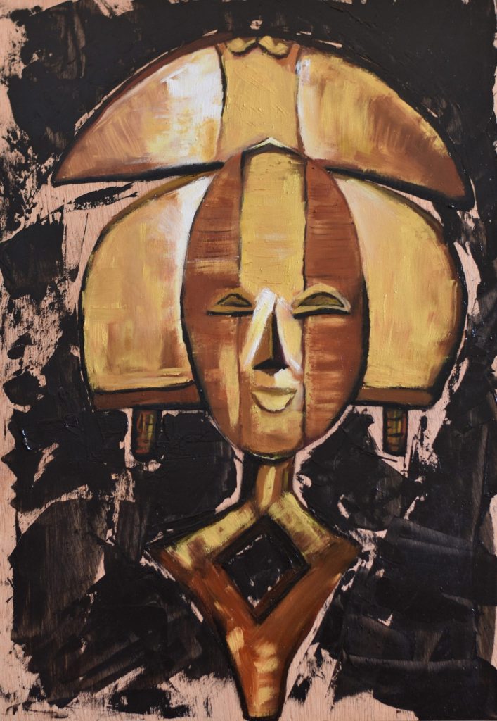 Máscaras africanas y pinceladas enérgicas. Obra de arte Original de Andrés Alfonso en acrílico sobre madera-máscara africana