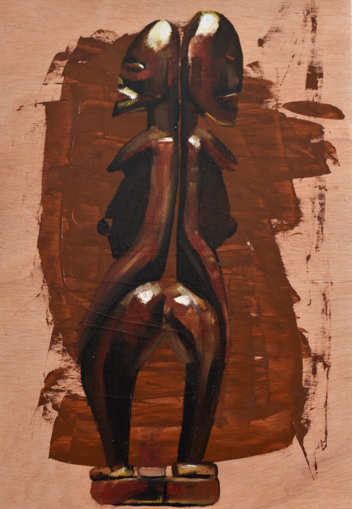 Máscaras africanas y pinceladas enérgicas. Obra de arte Original de Andrés Alfonso en acrílico sobre madera-estatuilla africana