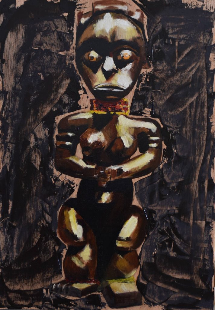Máscaras africanas y pinceladas enérgicas. Obra de arte Original de Andrés Alfonso en acrílico sobre madera-estatuilla africana