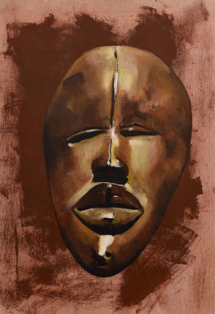 máscaras africanas y pinceladas enérgicas. Obra de arte Original de Andrés Alfonso en acrílico sobre madera-máscara africana