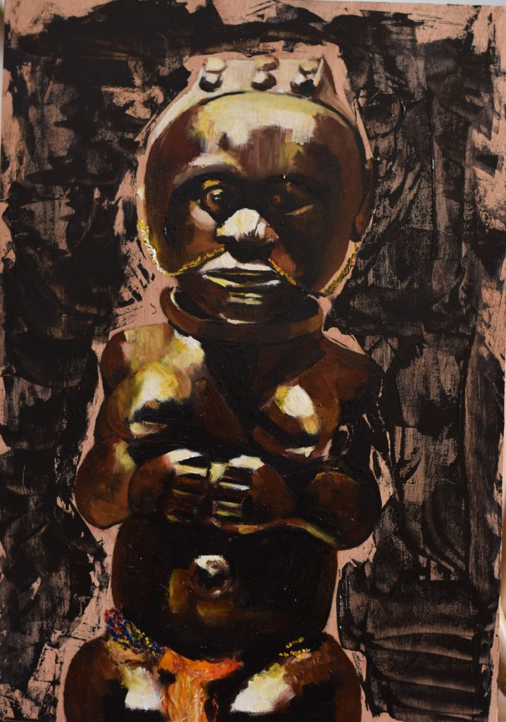 Máscaras africanas y pinceladas enérgicas. Obra de arte Original de Andrés Alfonso en acrílico sobre madera-estatuilla africana