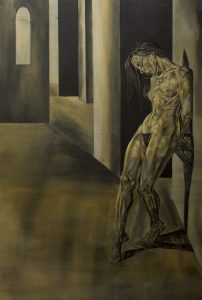 Óleos negro blanco y ocre. Obra de arte Original de Andrés Alfonso en óleo sobre tela-retrato de mujer recostada en la pared