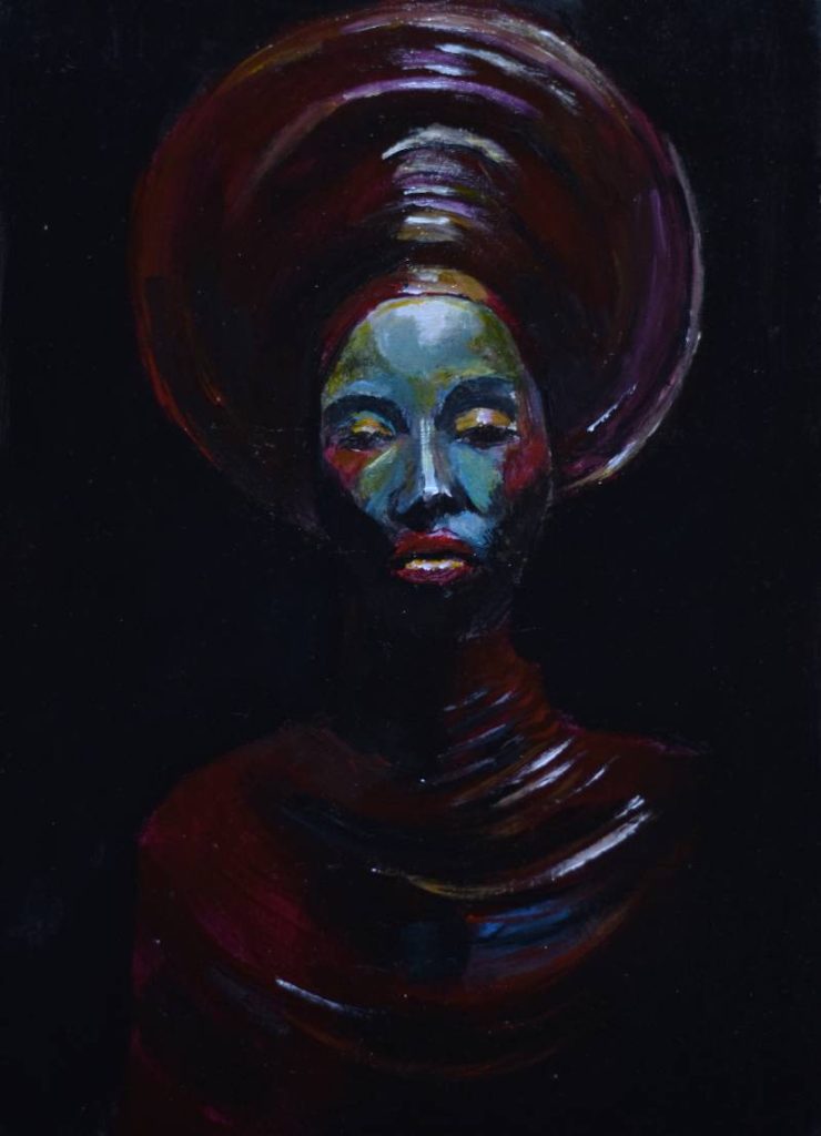 Pintura mística de mujer con tocado circular oscuro y rostro iluminado con tonos fríos, arte de Andrés Alfonso.