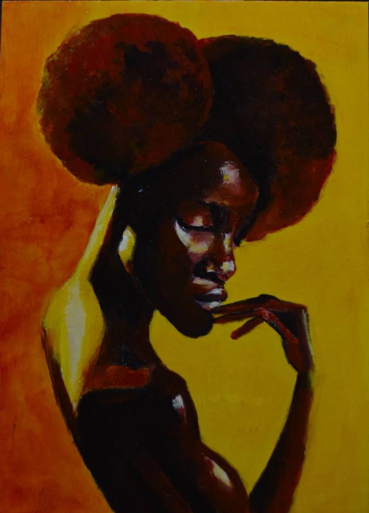 Cuadros expresionistas en Barcelona. Pintura de perfil con cabello afro, juego de sombras profundas y tonos ocres cálidos.