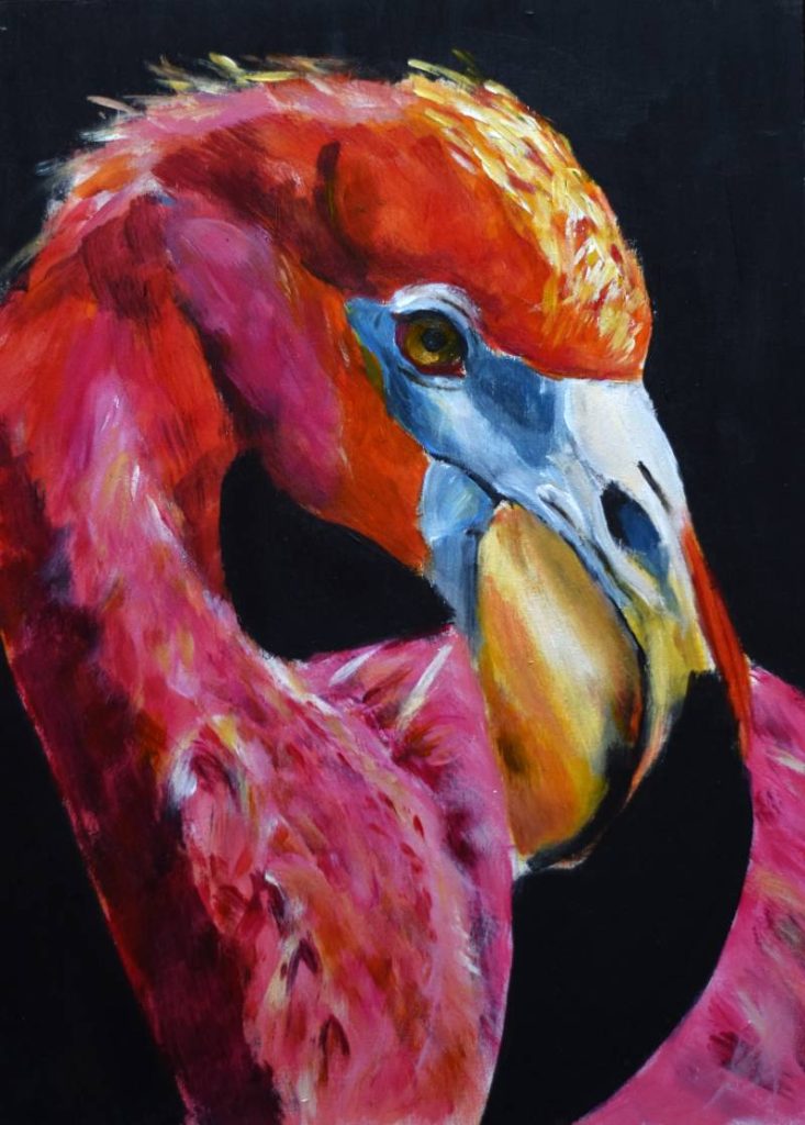 Primer plano de la cabeza de un flamenco rosa, pintura detallada con texturas vibrantes.