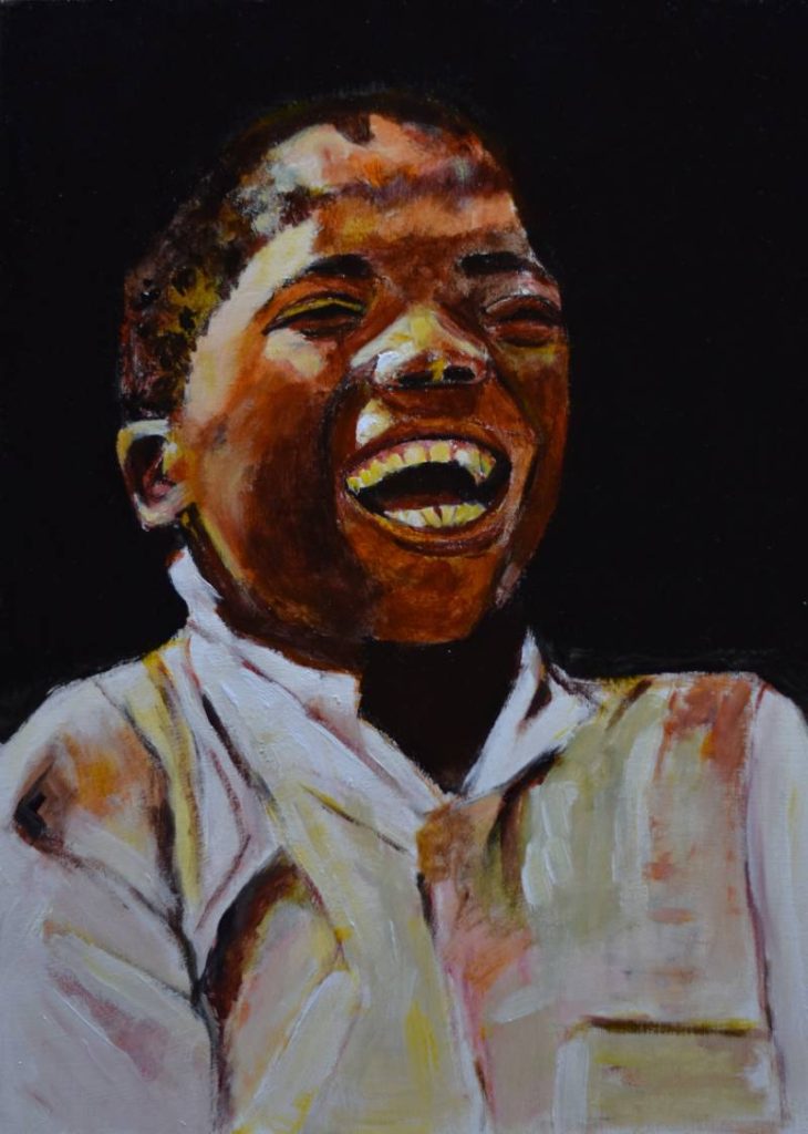 Pintura de niño riendo con iluminación cálida, capturando una expresión natural de alegría y luz.