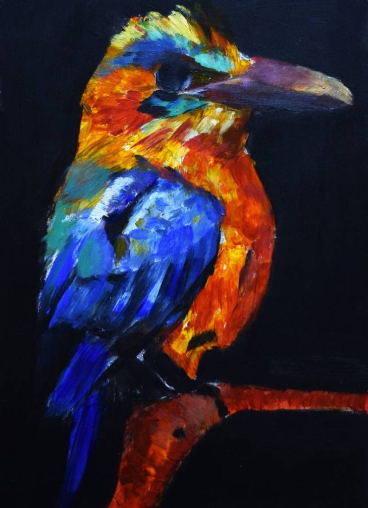 Representación artística de un ave exótica con plumaje azul y naranja, pincelada expresionista.