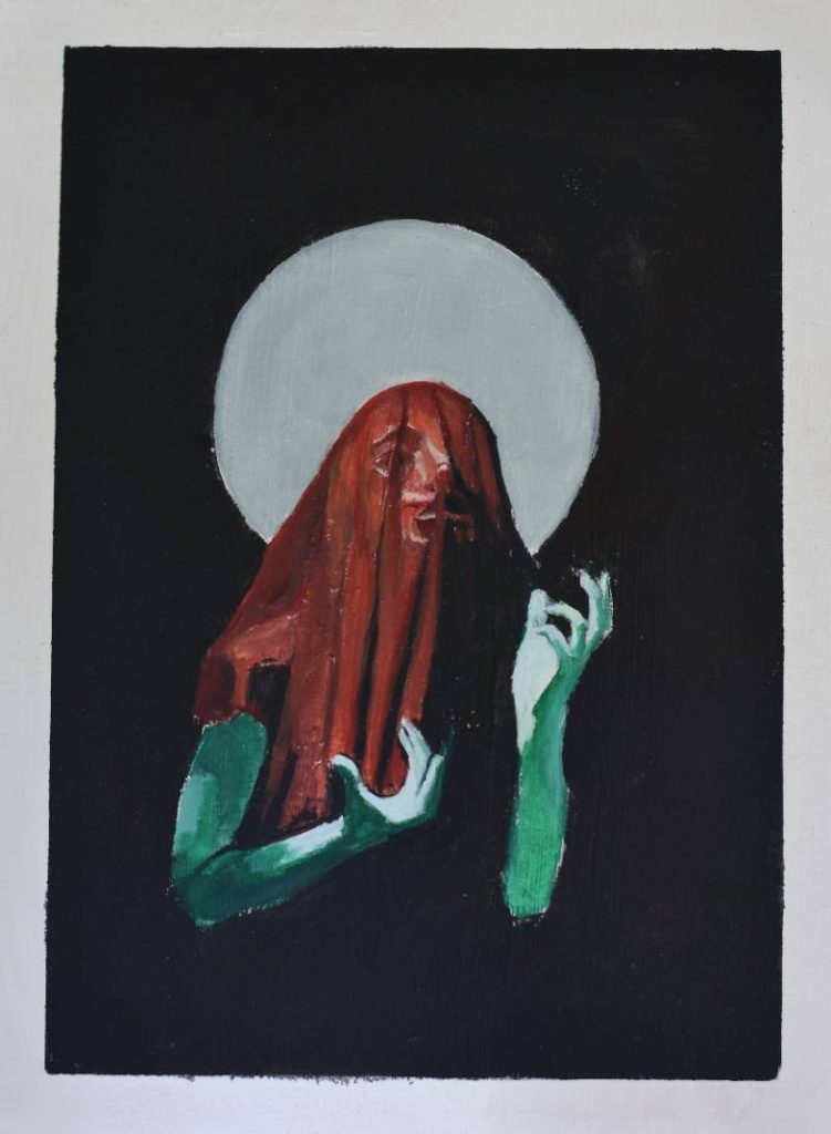 Composición mística de figura con velo rojo y fondo circular, arte simbólico de Andrés Alfonso.