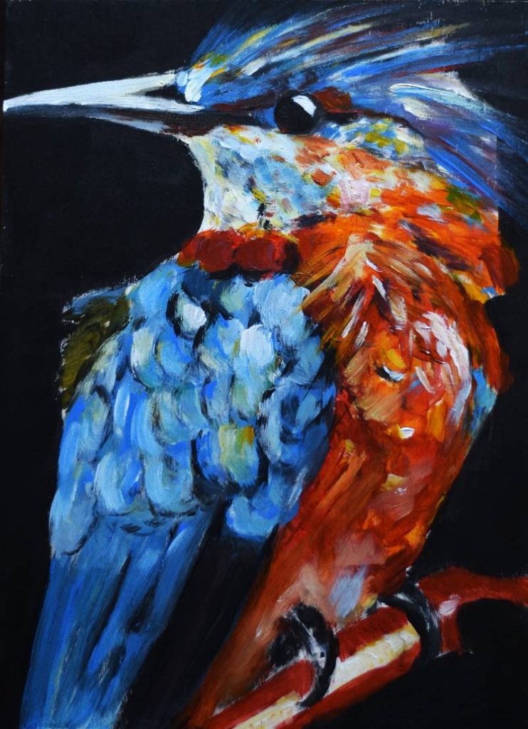 Pintura de ave pequeña con colores vivos posada en una rama, arte de Andrés Alfonso.