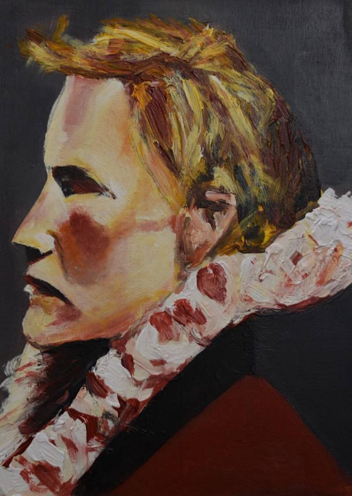 Retrato de perfil con cuello ornamental detallado, técnica de pincelada suelta y realismo figurativo.