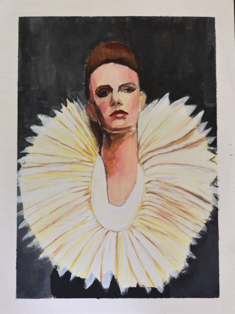 Retrato de mujer con cuello de gorguera blanco, contraste de realismo y fondos neutros.