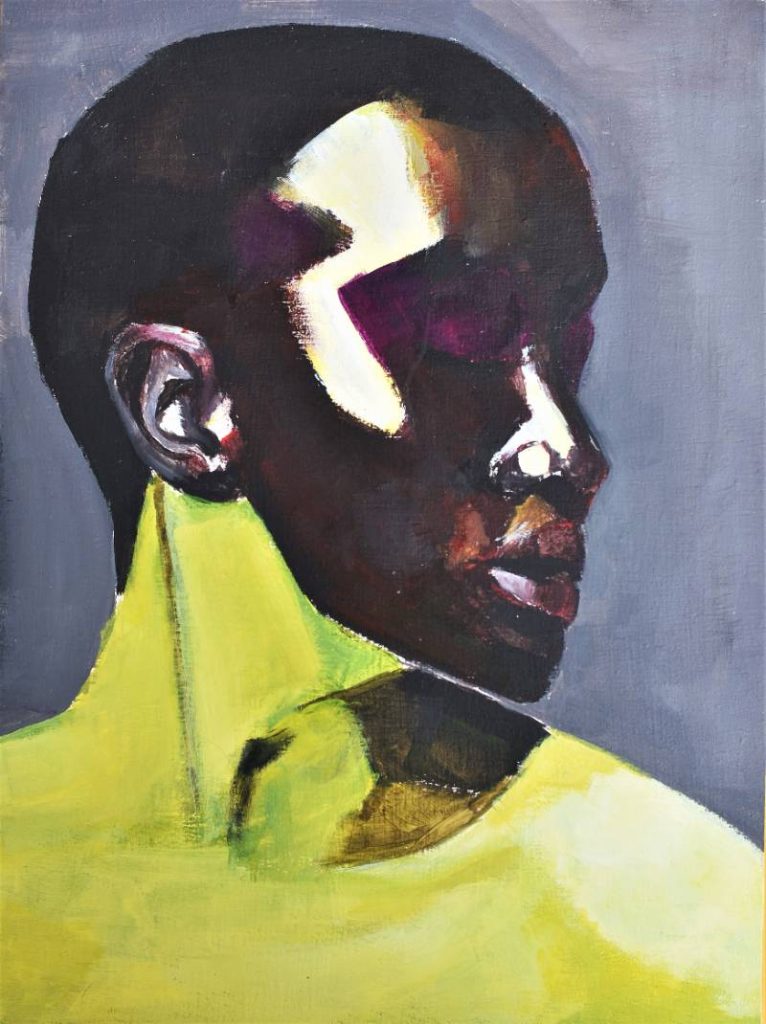 Estudio de rostro con luces amarillentas y sombras profundas, técnica de pincelada empastada.