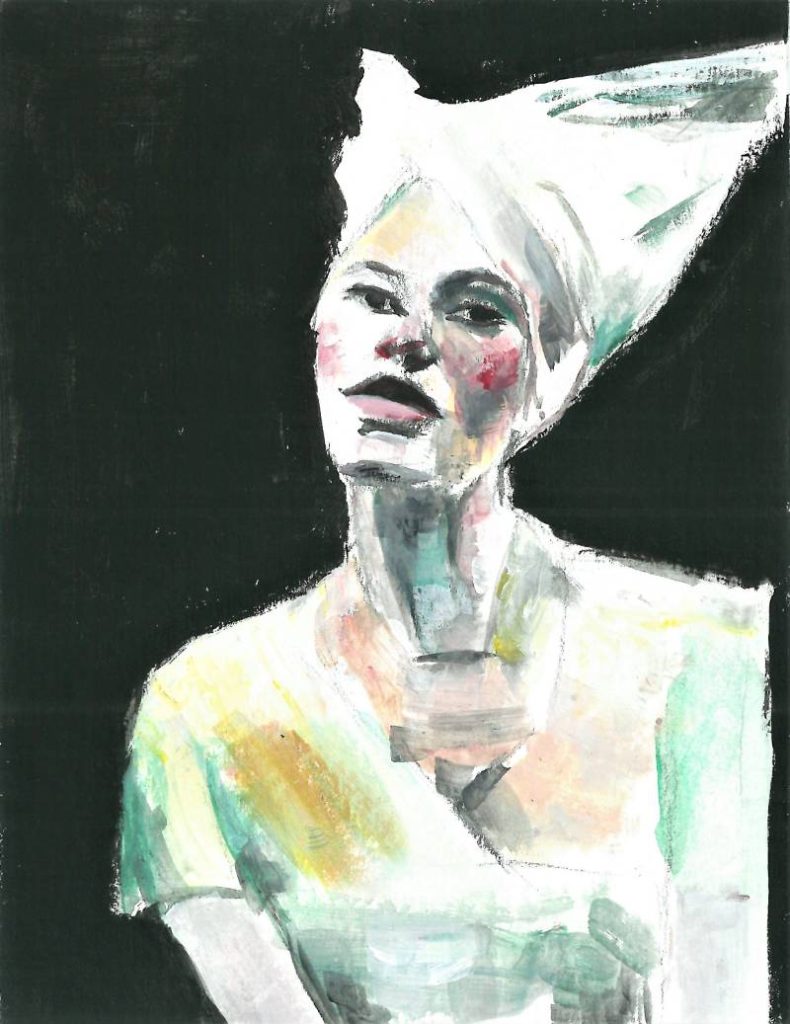 Pintura de mujer en tonos pálidos y blancos, atmósfera etérea y pincelada suave.