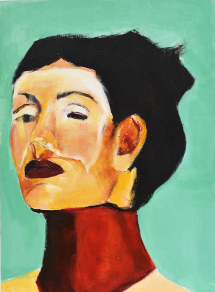 Retrato de perfil con sombras suaves sobre fondo verde agua, estudio de la forma y la serenidad.