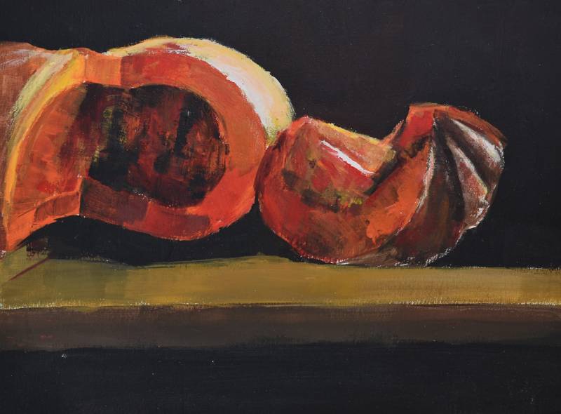 Detalle de calabaza madura abierta, composición de arte clásico en óleo.