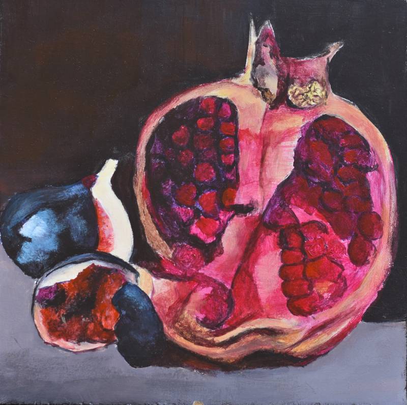 Composición de granadas abiertas e higos maduros, pintura detallada de Andrés Alfonso.