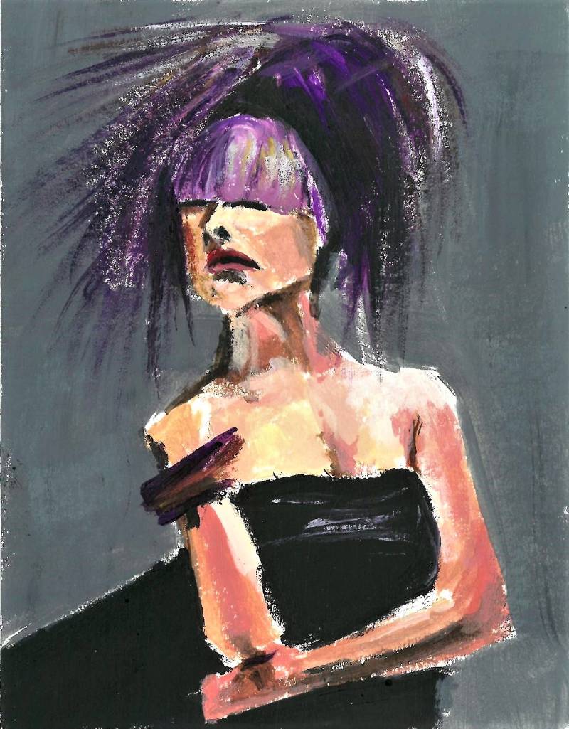 Pintura de mujer con peinado vanguardista en tonos violetas y vestido negro, estilo contemporáneo.