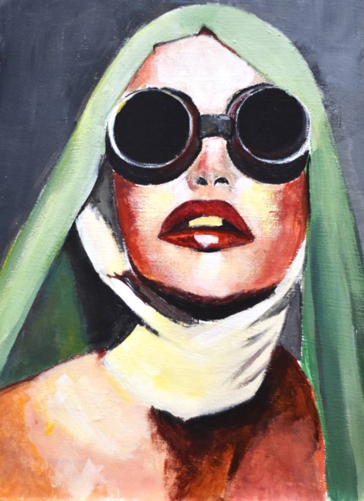 Composición artística de mujer con gafas de sol redondas y velo blanco, retrato expresionista moderno.