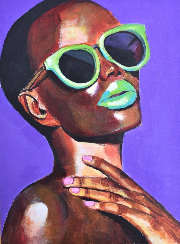 Pintura pop-art de rostro con gafas verdes y labios flúor sobre fondo violeta, estilo moderno.