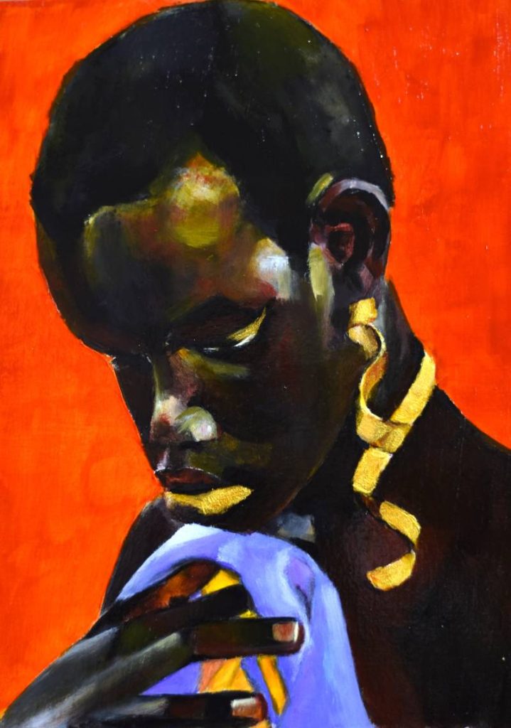 Retrato de perfil con sombras profundas y fondo naranja vibrante, pintura del artista Andrés Alfonso.