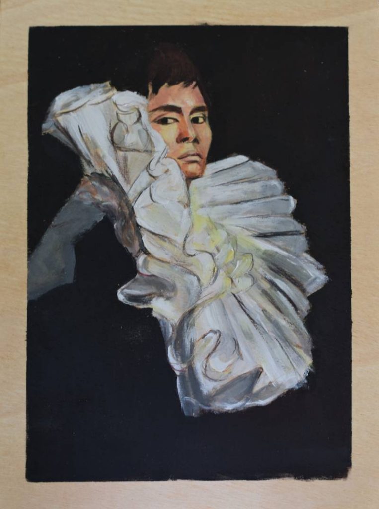 Retrato de joven con prenda de volantes escultóricos, pincelada detallada de Andrés Alfonso.