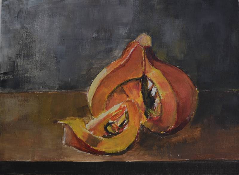 Pintura de calabaza cortada en trozos, estudio de texturas y tonos naranjas.
