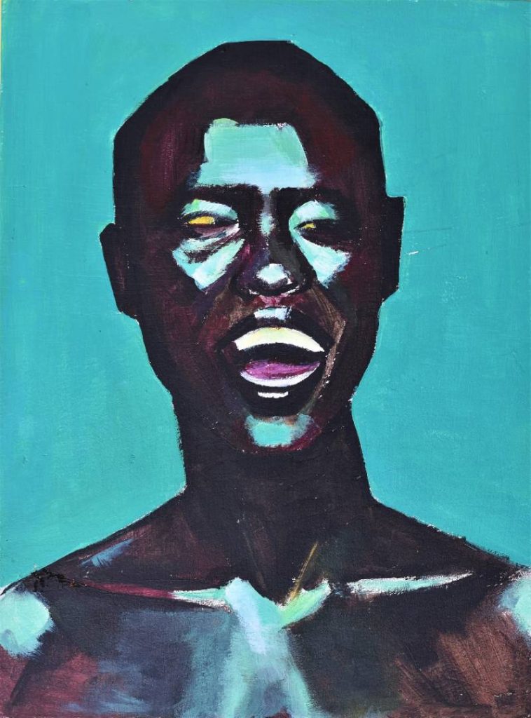 Expresión facial artística con iluminación dramática sobre fondo verde esmeralda, pintura de Andrés Alfonso.