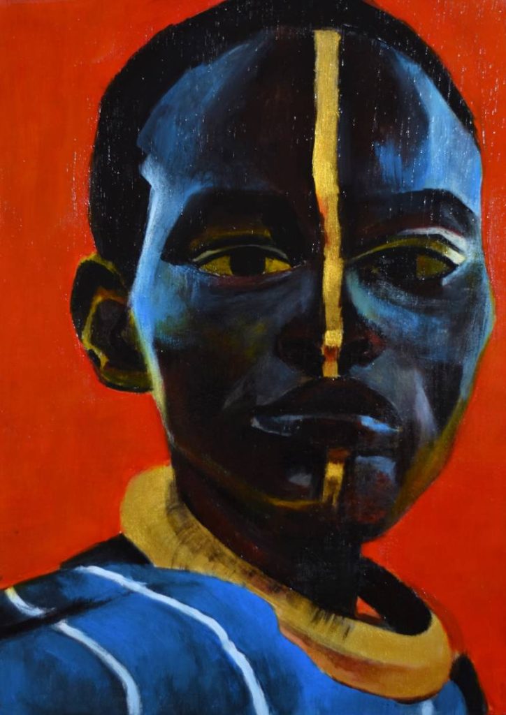 Emoción humana diversidad cultural. Obra de arte Original de Andrés Alfonso en acrílico sobre madera-retrato de hombre afro