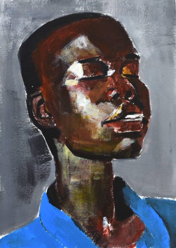 Retrato con iluminación cálida frontal sobre fondo gris neutro, técnica de óleo con enfoque en la textura.