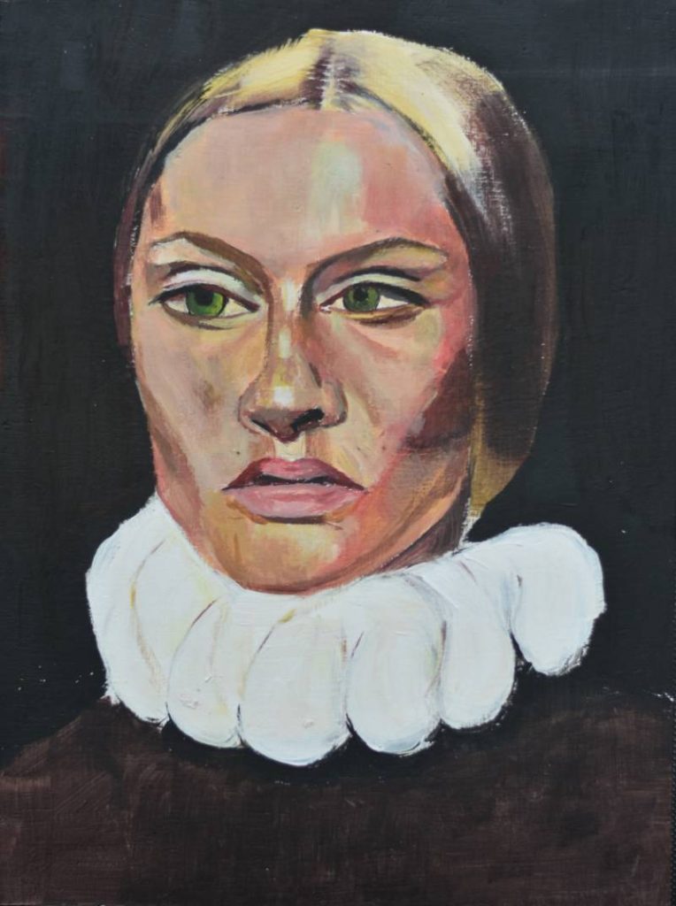 Retrato clásico de mujer con cuello de gorguera blanco, detalle de realismo en la mirada.