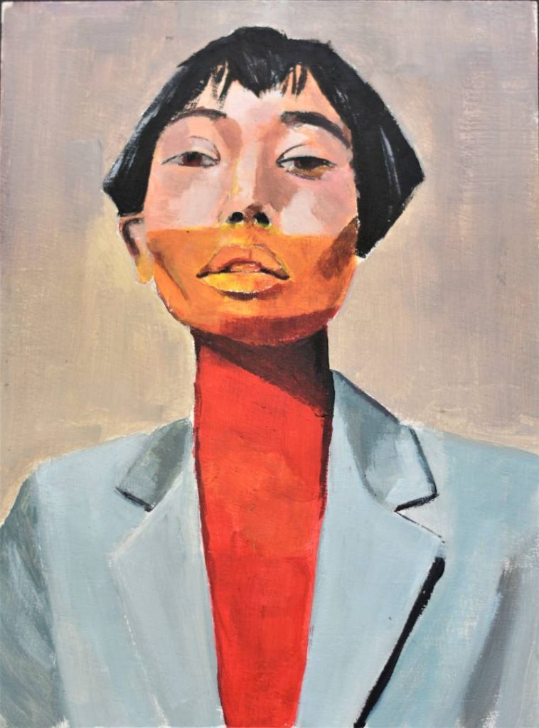 Representación artística de figura con chaqueta gris y cuello rojo, estudio de armonía cromática.