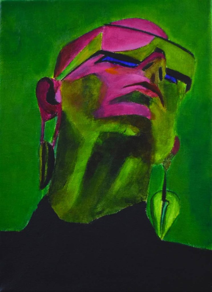Estudio pictórico de rostro con sombras verdes sobre fondo verde lima, exploración monocromática de la luz.
