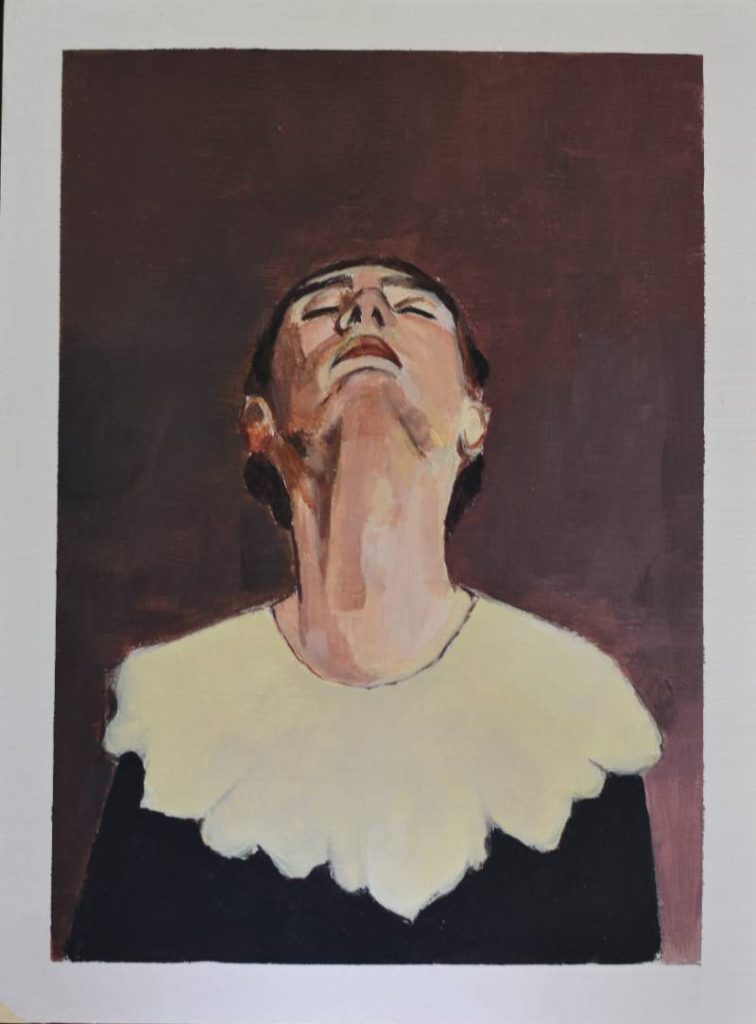 Estudio de cuello y rostro en posición supina, capturando la vulnerabilidad en el arte pictórico.