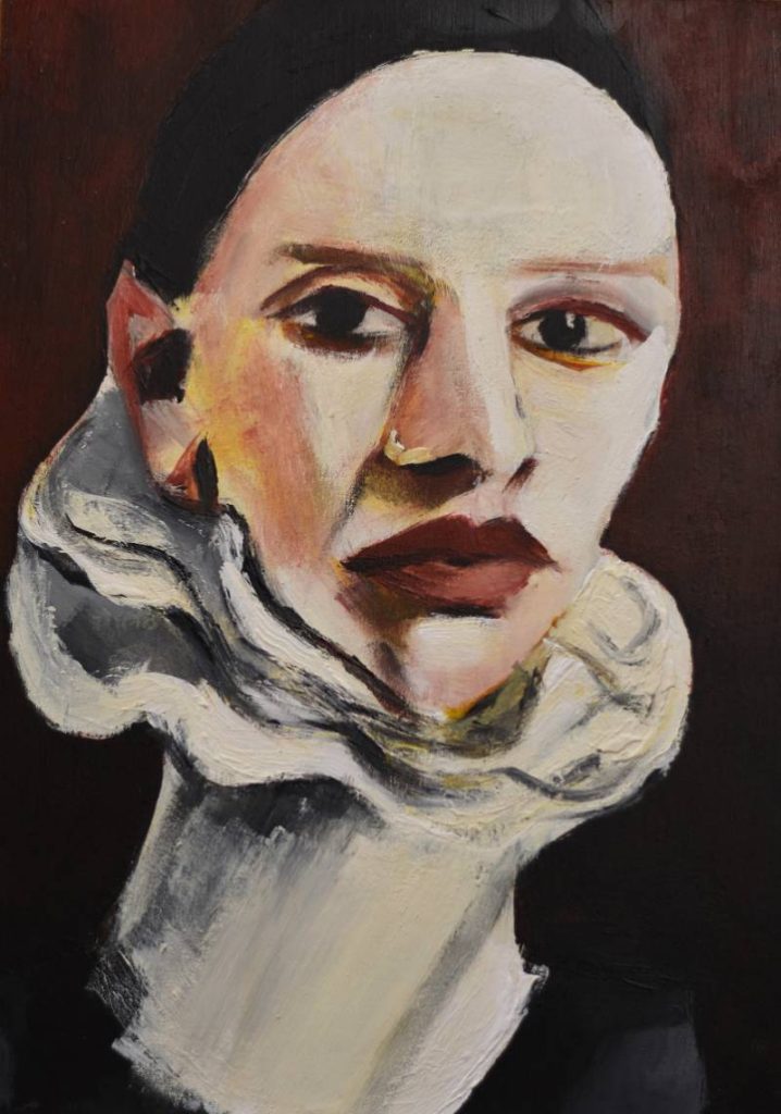Pintura de rostro femenino con cuello de volantes clásico, fuerte contraste de sombras sobre fondo oscuro.