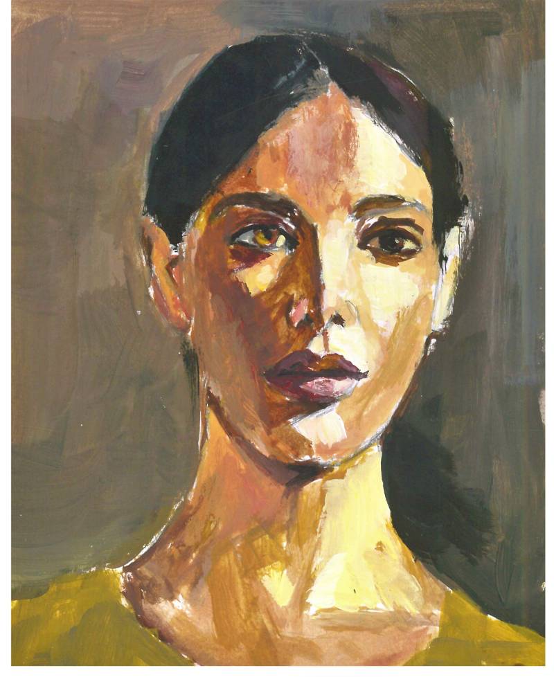 Pintura de rostro femenino en tonos ocres y naturales con iluminación suave lateral.