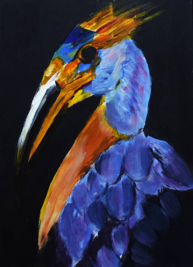 Ilustración artística de ave con pico largo y plumaje azul, estilo realista moderno.
