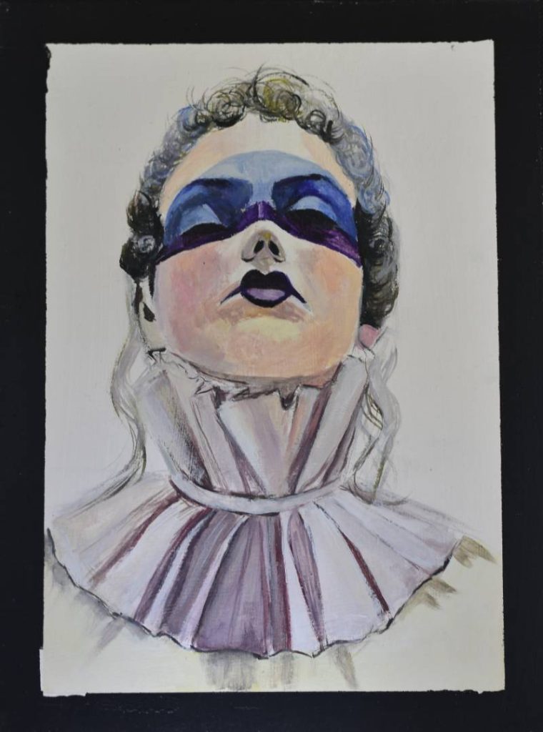 Retrato artístico con antifaz violeta pintado, expresión teatral en óleo sobre lienzo.