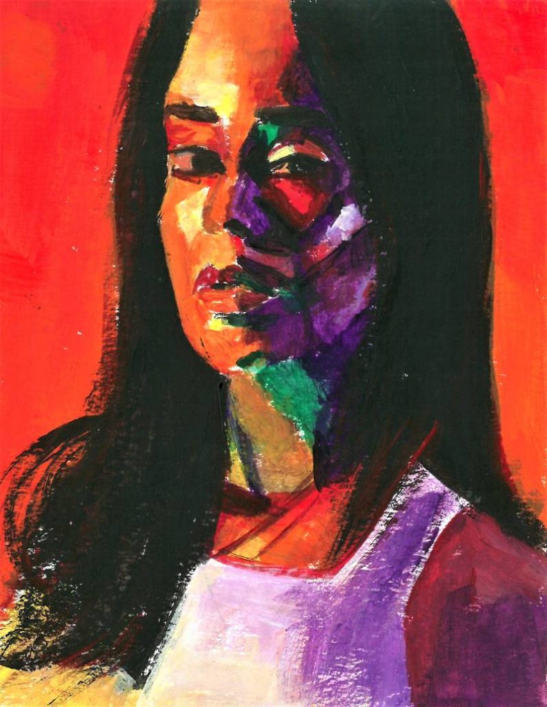 Interpretación pictórica de rostro con sombras en tonos púrpuras y rojos sobre fondo oscuro.