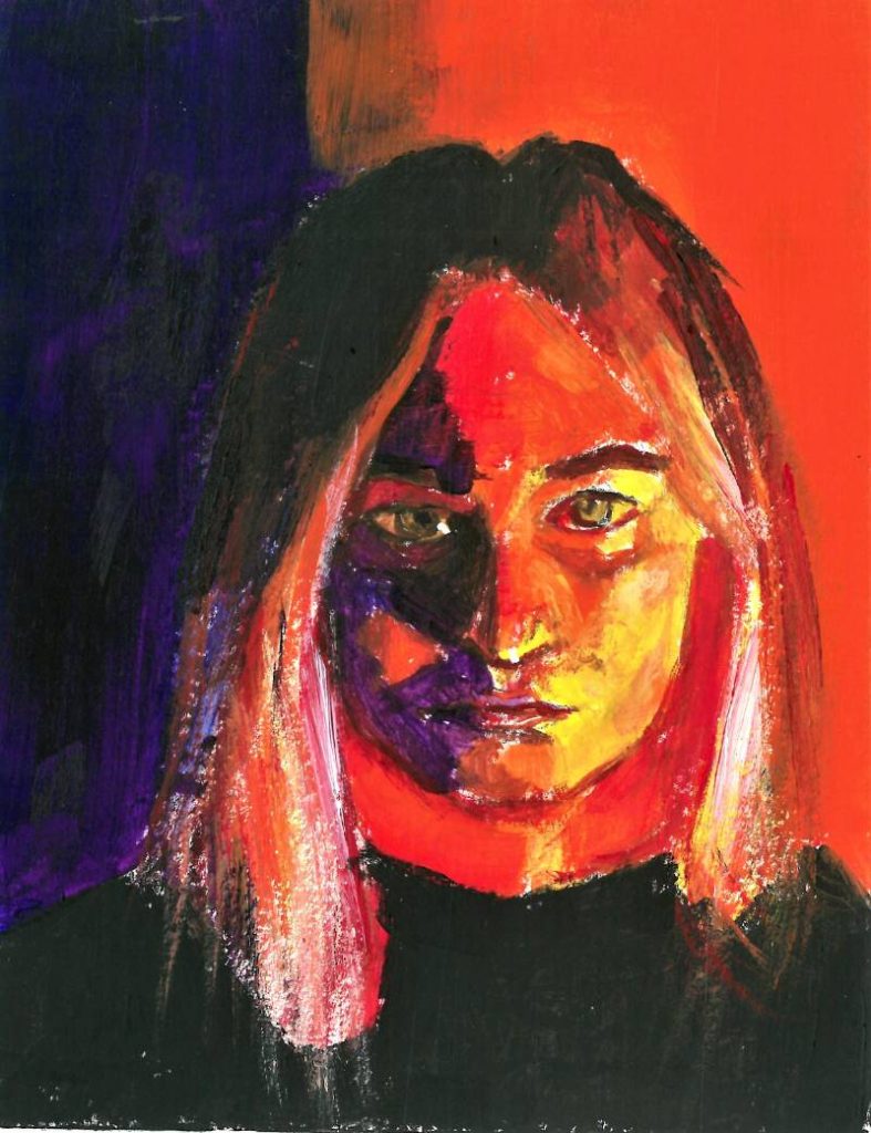 Primer plano de rostro con iluminación frontal cálida y reflejos anaranjados, obra original de Andrés Alfonso.