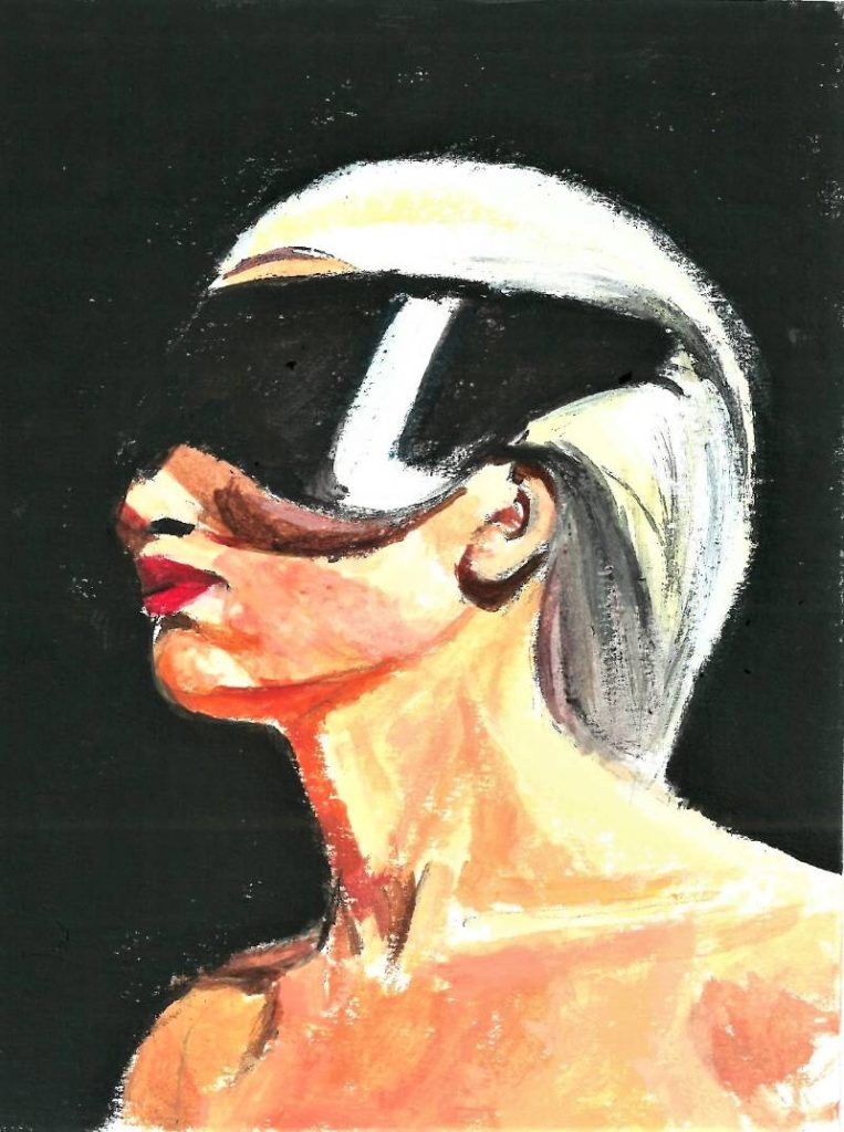 Retrato artístico de perfil con venda blanca en los ojos, estudio de luces cálidas y sombras sobre fondo oscuro.