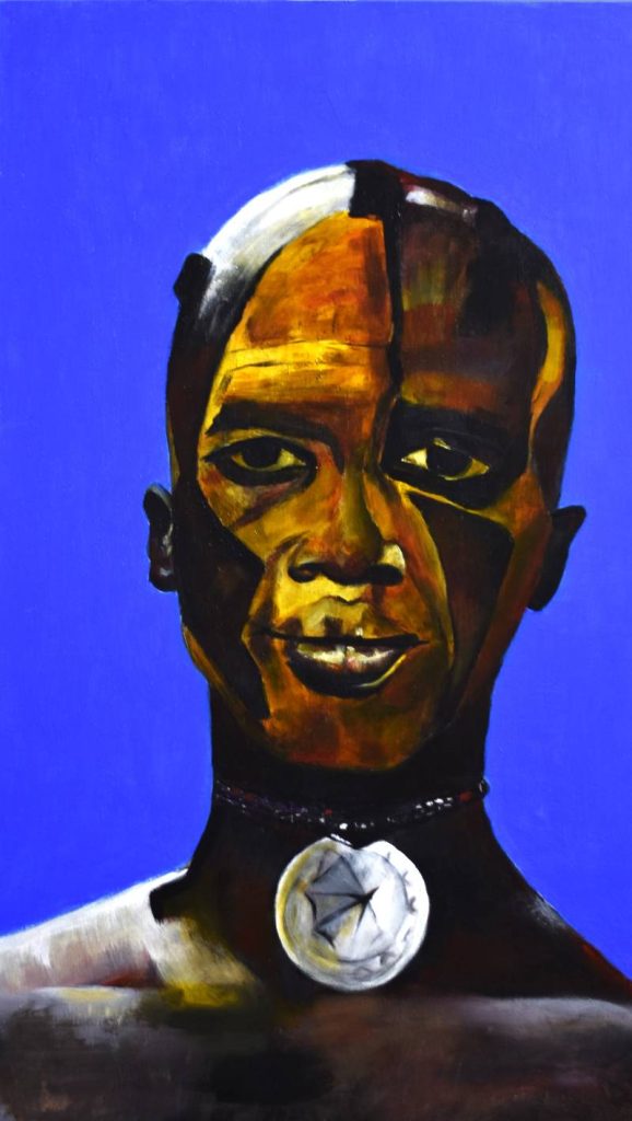 Emoción humana diversidad cultural. Obra de arte Original de Andrés Alfonso en acrílico sobre madera-retrato de hombre afro
